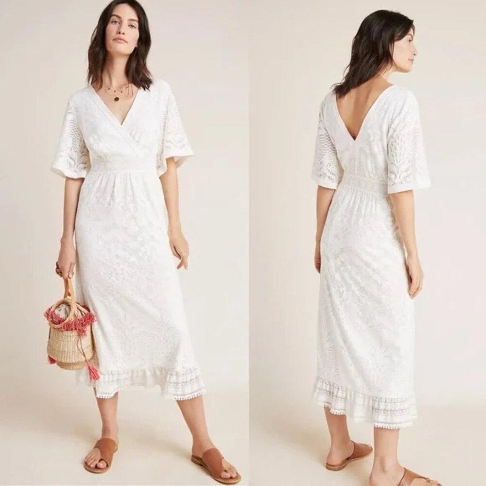 Farm Rio for Anthropologie Off White Lace Devore Midi Dress M